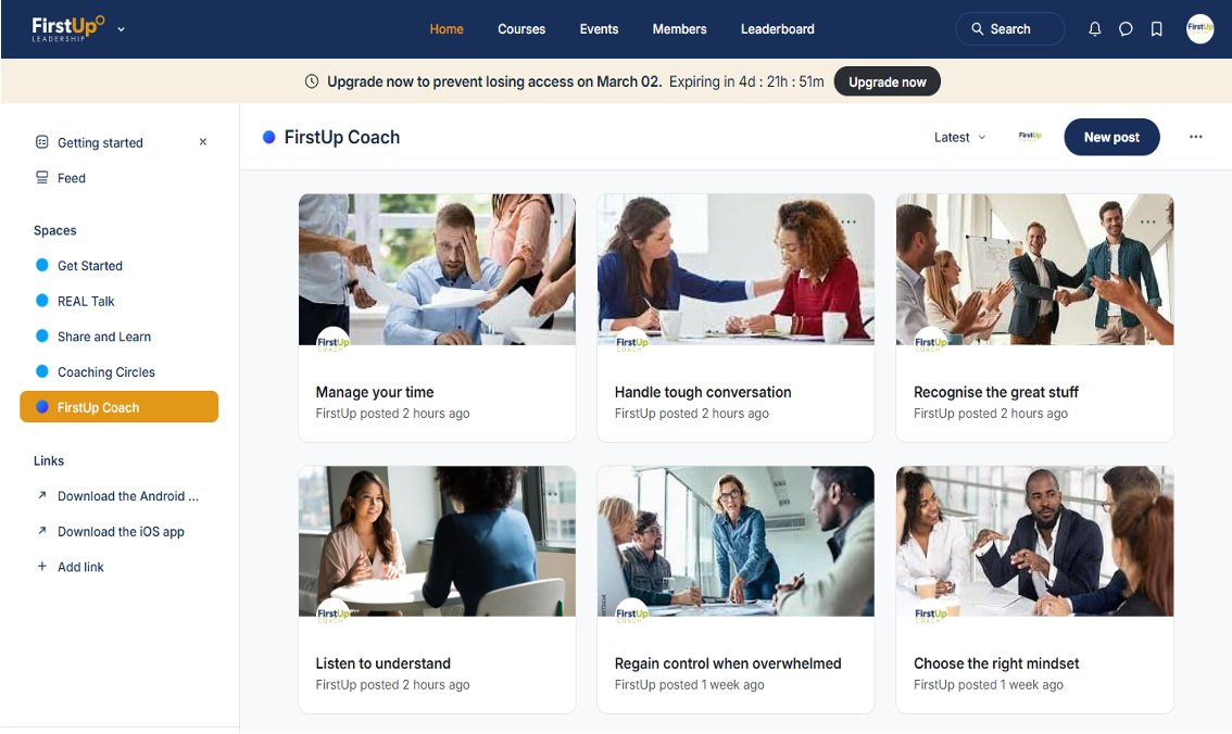 The FirstUp Leaders Network member dashboard