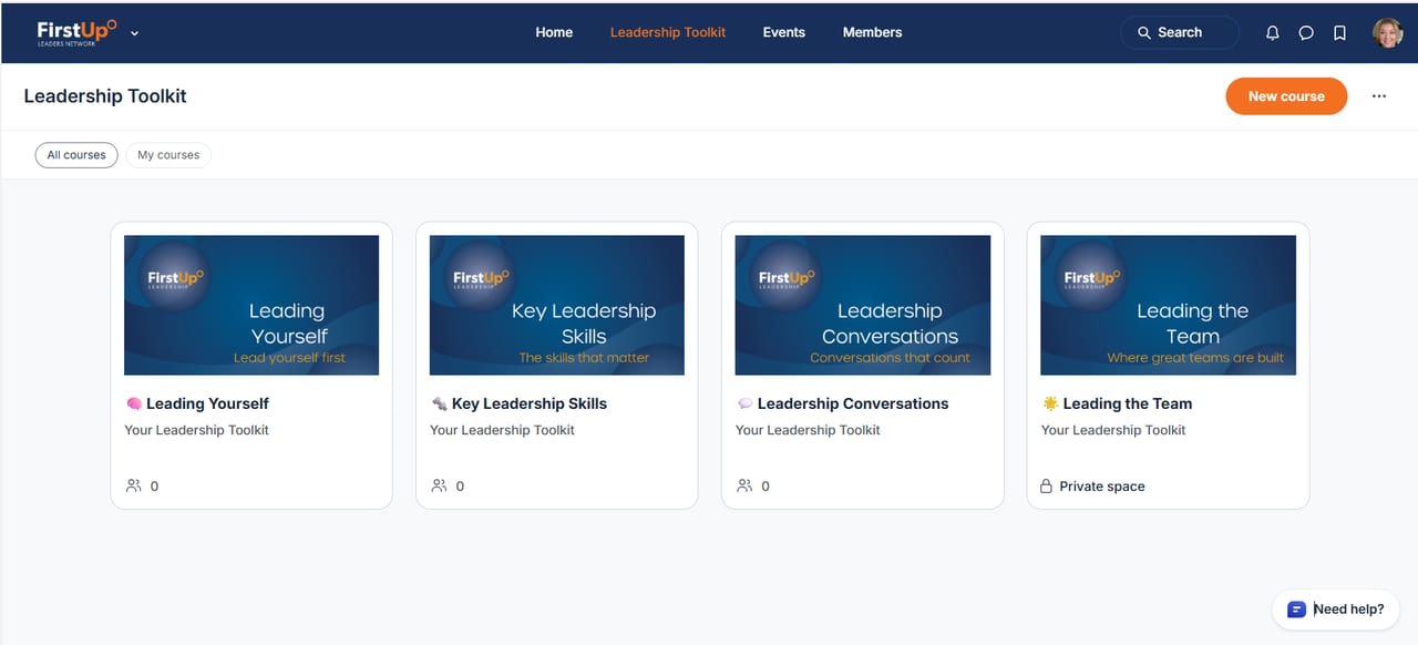 FirstUp Leaders Network leadership toolkit dashboard showing online course cards